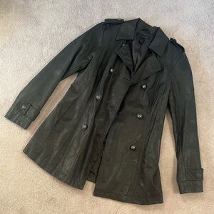 Gunmetal Grey Black Double-Breasted Leather Coat with Vintage Style Buttons